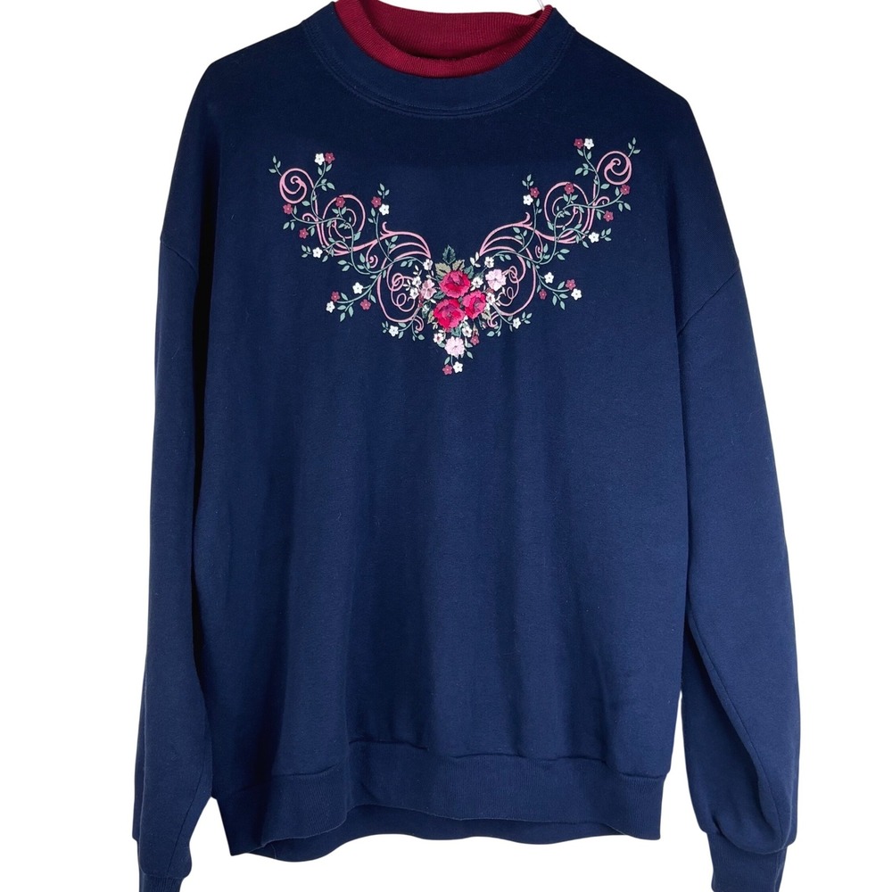 Top Stitch Sweatshirt XL Navy Blue Cotton Blend Floral Double Neck Vintage USA